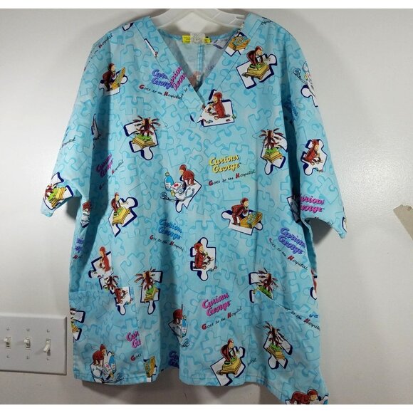Curious George Scrub Top 2XL Puzzle Print V-Neck 65% Polyester 35% Cotton Made I - Picture 1 of 11